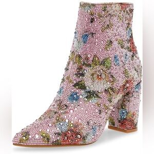 Betsey Johnson Pink and Green Heeled Rhinestone Boots with Ornate Design